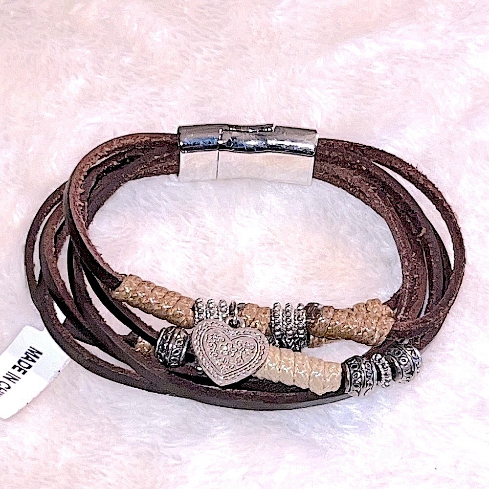 8.5”🩶 BROWN LEATHER MULTI-STRAND BRACELET w/SILVER MAGNETIC CLOSURE HEART CHARM - Picture 2 of 7